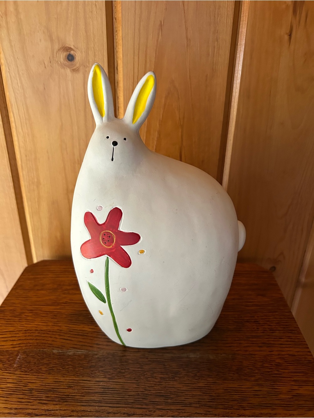 White Ceramic Bunny 🐰Sculpture with Red Flower 🌺  Accent